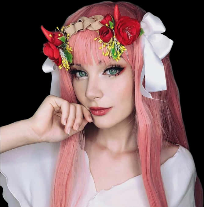 Zero Two Cosplaywith Floral Headpiece PNG Image