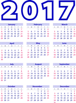 2017 Yearly Calendar Blue Background PNG Image