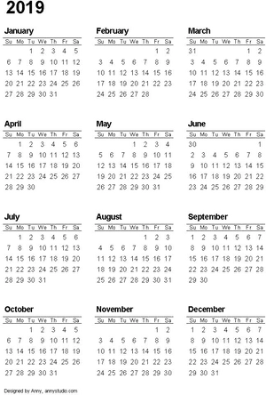 2019 Complete Year Calendar Clipart PNG Image