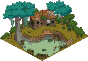 Abandoned Cabin Island Illustration PNG Image