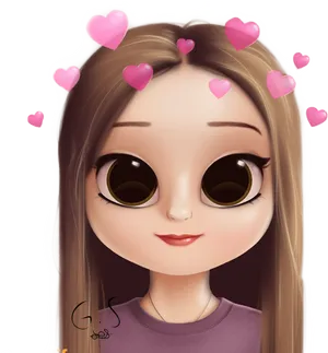 Adorable Cartoon Girlwith Hearts PNG Image