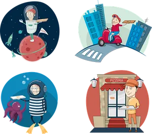 Adventurous Pizza Delivery Illustrations PNG Image