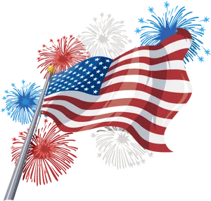 American Flagand Fireworks Celebration PNG Image