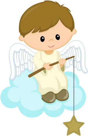 Angel Boyon Cloudwith Star Fishing Rod PNG Image