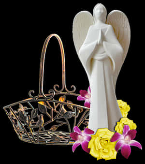 Angel Figurineand Decorative Basket PNG image with transparent background