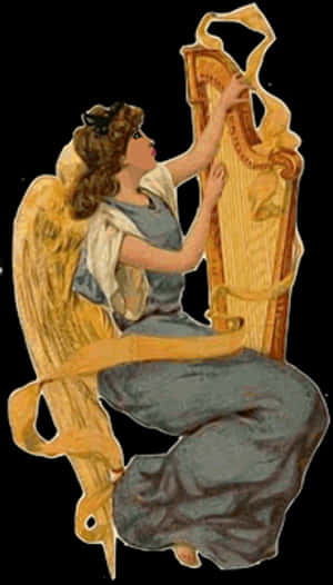 Angel Playing Harp Vintage Illustration PNG with transparent background