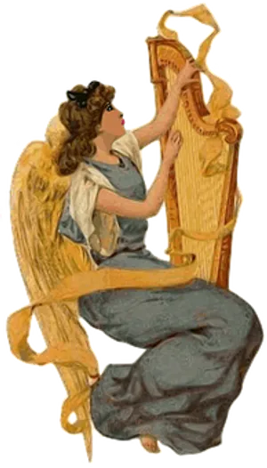 Angel Playing Harp Vintage Illustration PNG Image