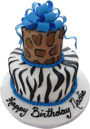 Animal Print Tiered Birthday Cakewith Blue Bow PNG Image