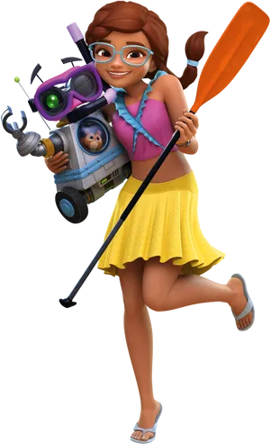 Animated Adventure Girland Robot Friend PNG Image