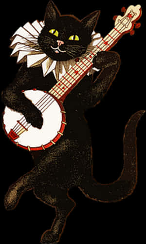 Animated Black Cat Playing Banjo PNG with transparent background