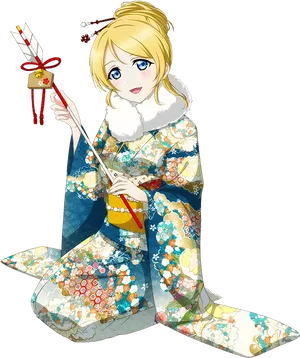 Animated Blonde Girlin Traditional Kimono PNG Image