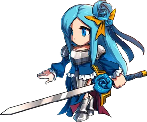 Animated Blue Haired Swordswoman PNG Image