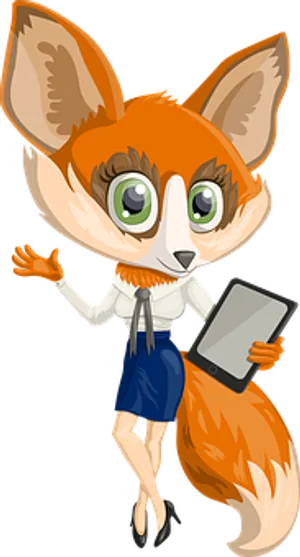 Animated Business Foxwith Tablet PNG Image