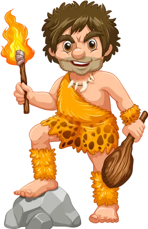 Animated Caveman With Torchand Club PNG Image