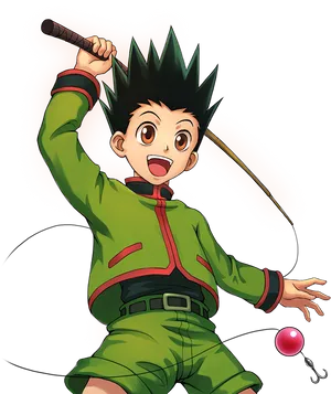 Animated Character Gon Fishing Rodand Ball PNG Image