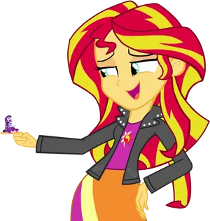 Animated Character Holding Tiny Figure_ Sunset Shimmer PNG Image