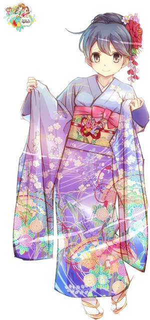 Animated Characterin Floral Kimono PNG Image