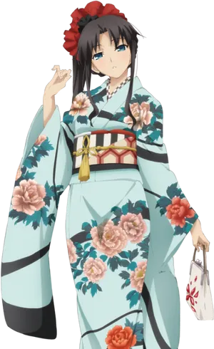 Animated Characterin Floral Kimono PNG Image