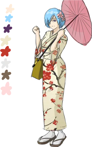 Animated Characterin Floral Kimonowith Umbrella PNG Image
