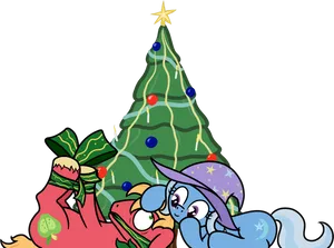 Animated Characters Decorating Christmas Tree PNG Image