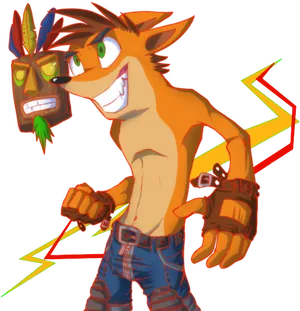 Animated Crash Bandicoot With Aku Aku Mask PNG Image