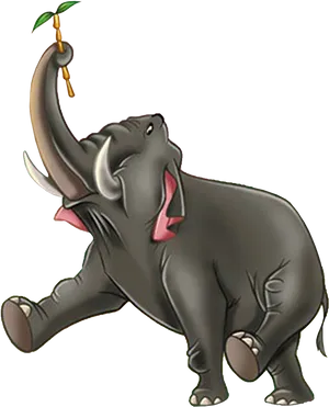 Animated Elephant Holding Branch PNG Image