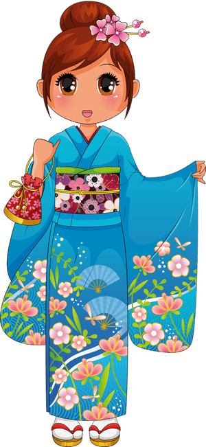 Animated Girlin Blue Kimono PNG image with transparent background