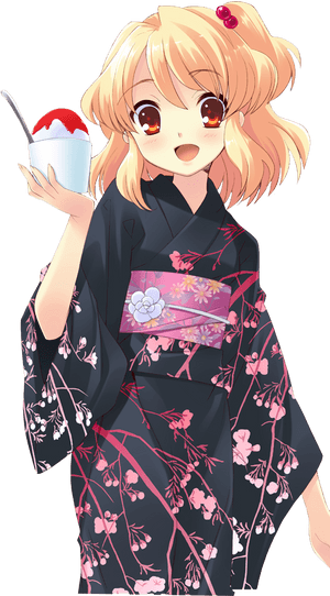 Animated Girlin Kimonowith Dessert PNG with transparent background