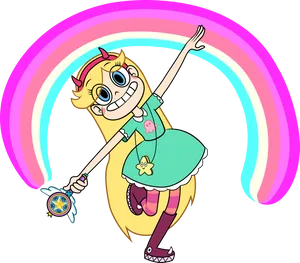 Animated Girlwith Magic Wandand Rainbow PNG Image