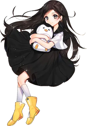 Animated Girlwith Penguin Plushieand Yellow Boots PNG Image