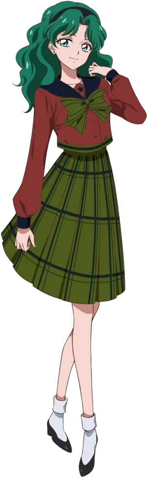 Animated Green Haired Girlin School Uniform PNG Image