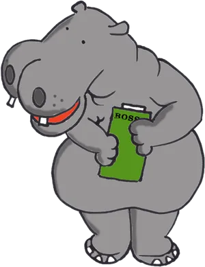 Animated Hippo Holding Book PNG Image