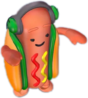 Animated Hot Dog Character With Headphones PNG Image