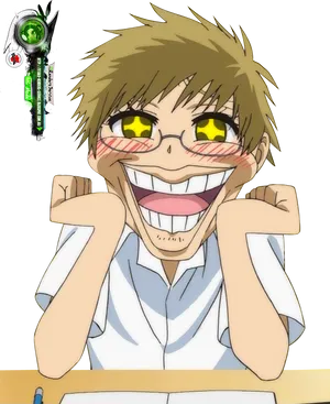 Animated Laughing Boy Resting Chinon Hands PNG Image