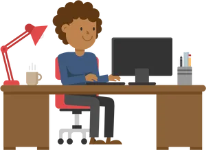 Animated Office Workerat Desk PNG Image