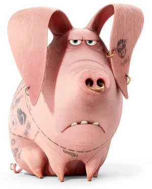 Animated Pig Character With Tattoos PNG Image