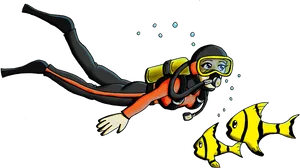 Animated Scuba Diverwith Fish PNG Image