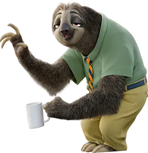 Animated Sloth Character Holding Mug PNG Image