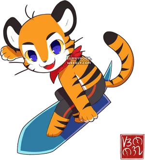 Animated Tiger Cub Surfing Illustration PNG Image