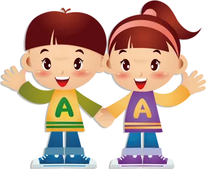 Animated Twin Siblings Waving PNG Image