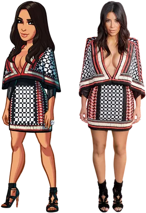 Animatedand Real Woman Comparison PNG Image