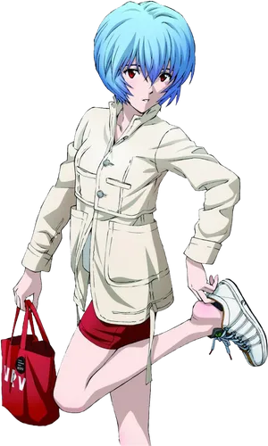 Anime Character Blue Hair Red Bag PNG Image