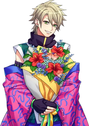 Anime Character Holding Flowers PNG Image