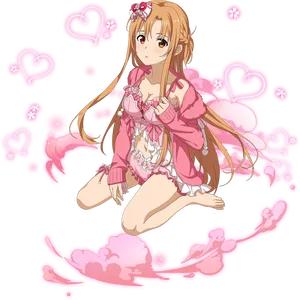 Anime Character Pink Hearts Clouds PNG Image