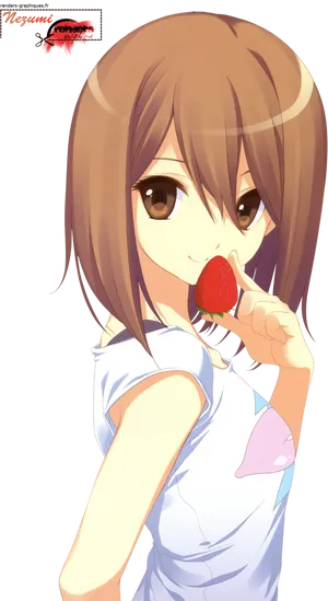 Anime Girl Eating Strawberry PNG Image