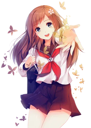 Anime Girl With Butterflyand Sakura PNG Image