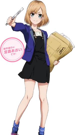 Anime Girl With Documents And Pen PNG Image