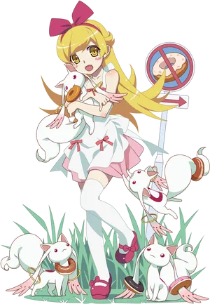 Anime Girl With White Cats No Dogs Sign PNG Image