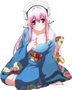 Anime Girlin Blue Kimonowith Headphones PNG image with transparent background