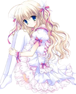 Anime Girlin White Frilly Dress PNG Image